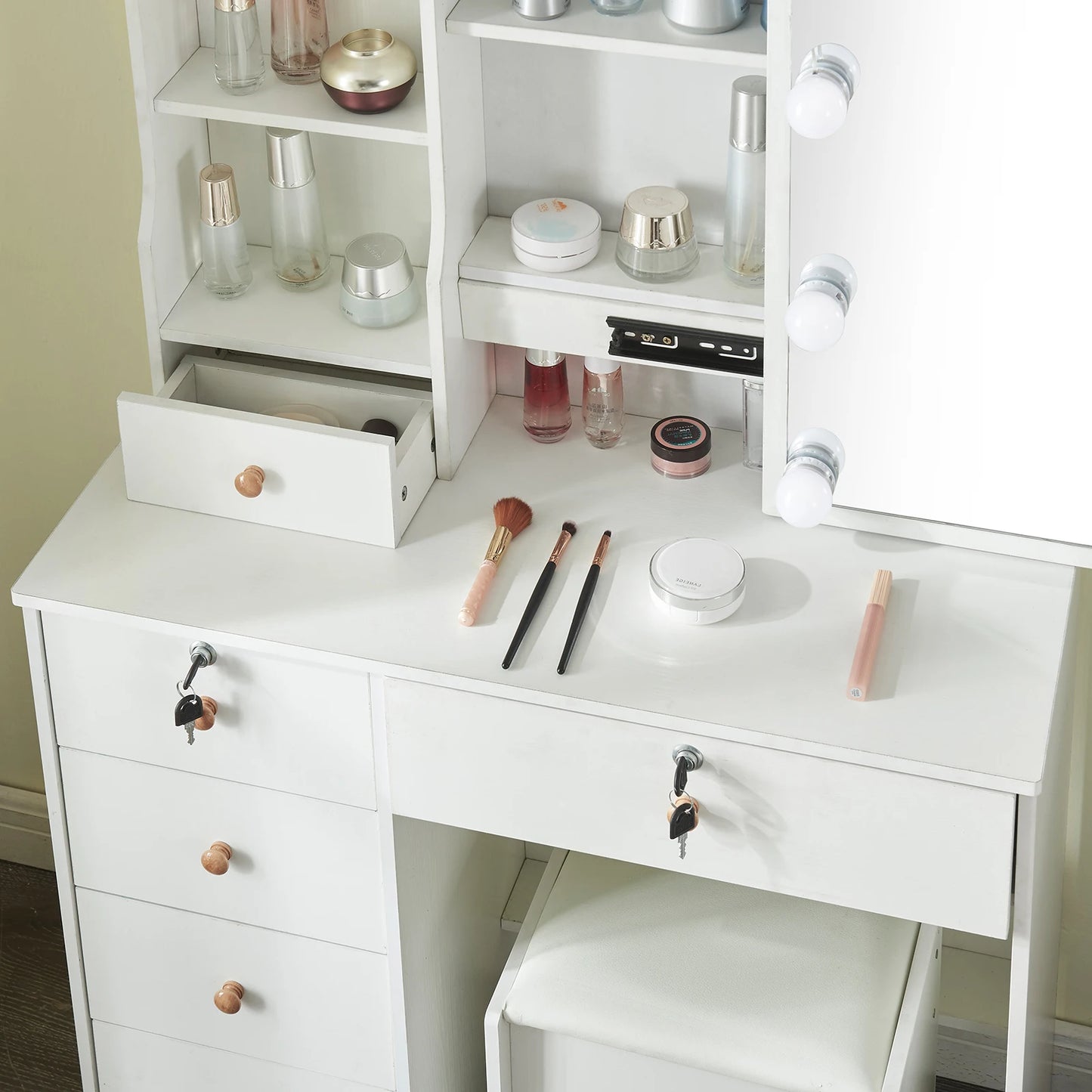 Makeup Vanity Table with Drawers, Vanity Desk Set with Shelves, Dresser Desk and Cushioned Stool Set White for Women