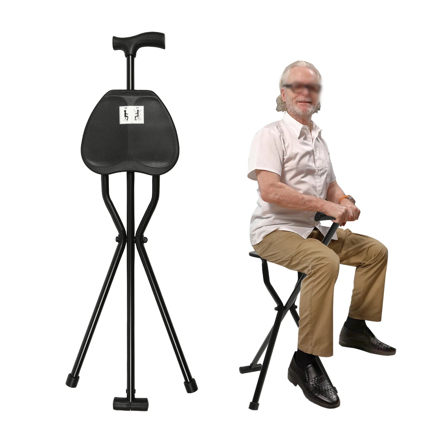 Portable Folding Walking Cane with Tripod Chair Seat Stool Heavy Duty Adjustable Walking Stick with Seat Folding