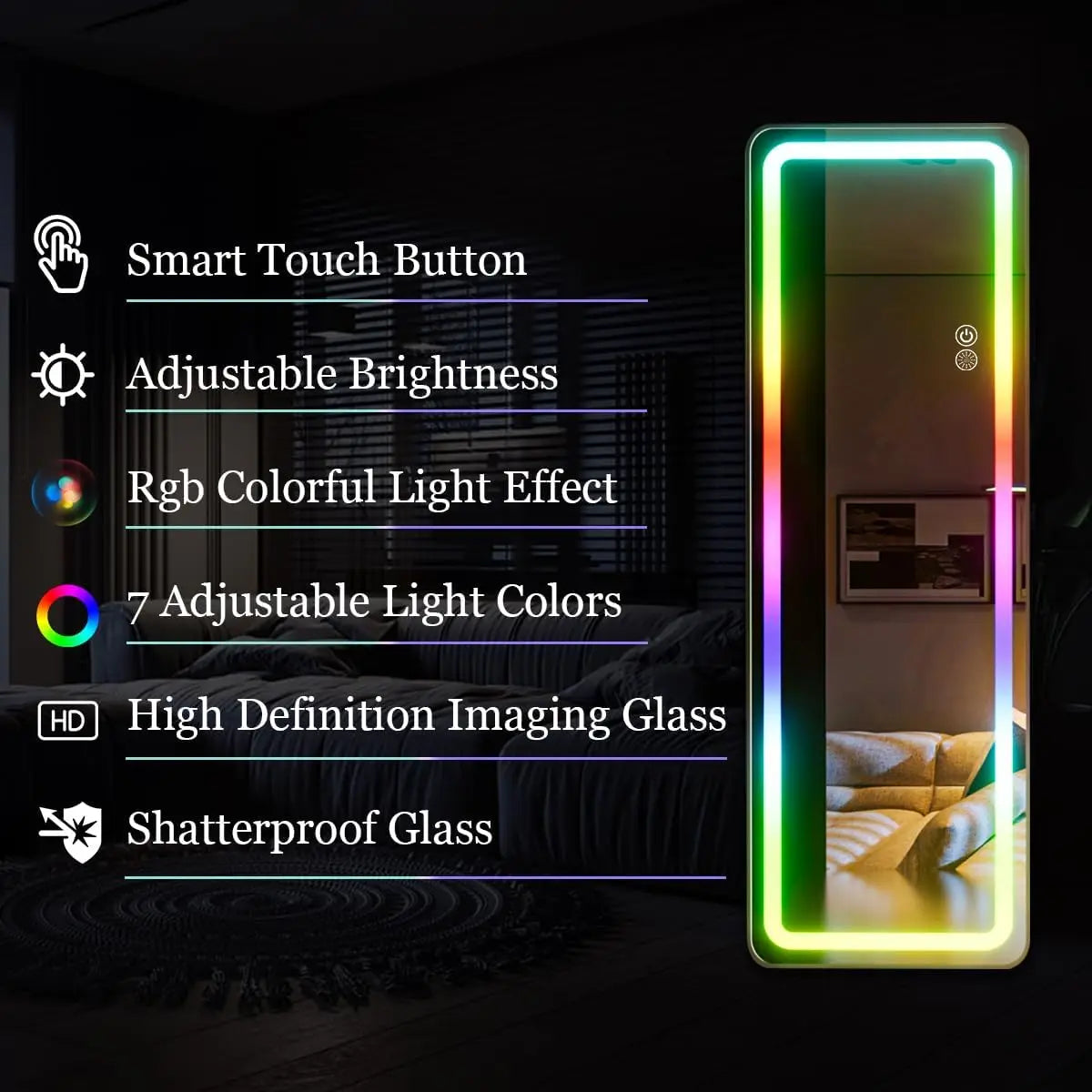 RGB Full Length Mirror, 60"x16" Full Body Mirror with LED Lights, Dimming & 7 Color Changing Lighting, Wall Mounted Hanging Mirr