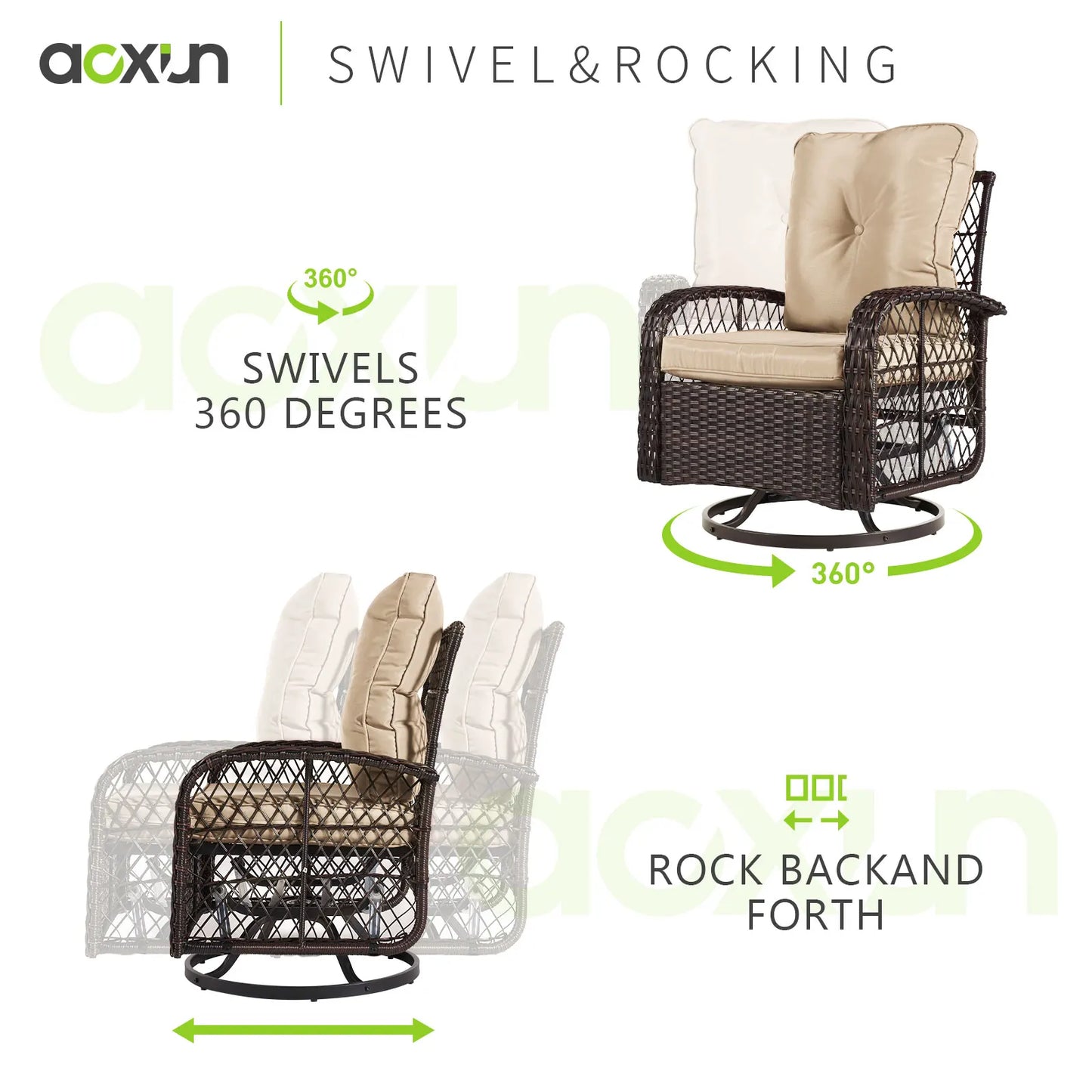 3 Pieces Patio Set Wicker Rattan Swivel Rocker Chairs Set of 2 with Small Side Table Patio Bistro Set with Rocking Chairs