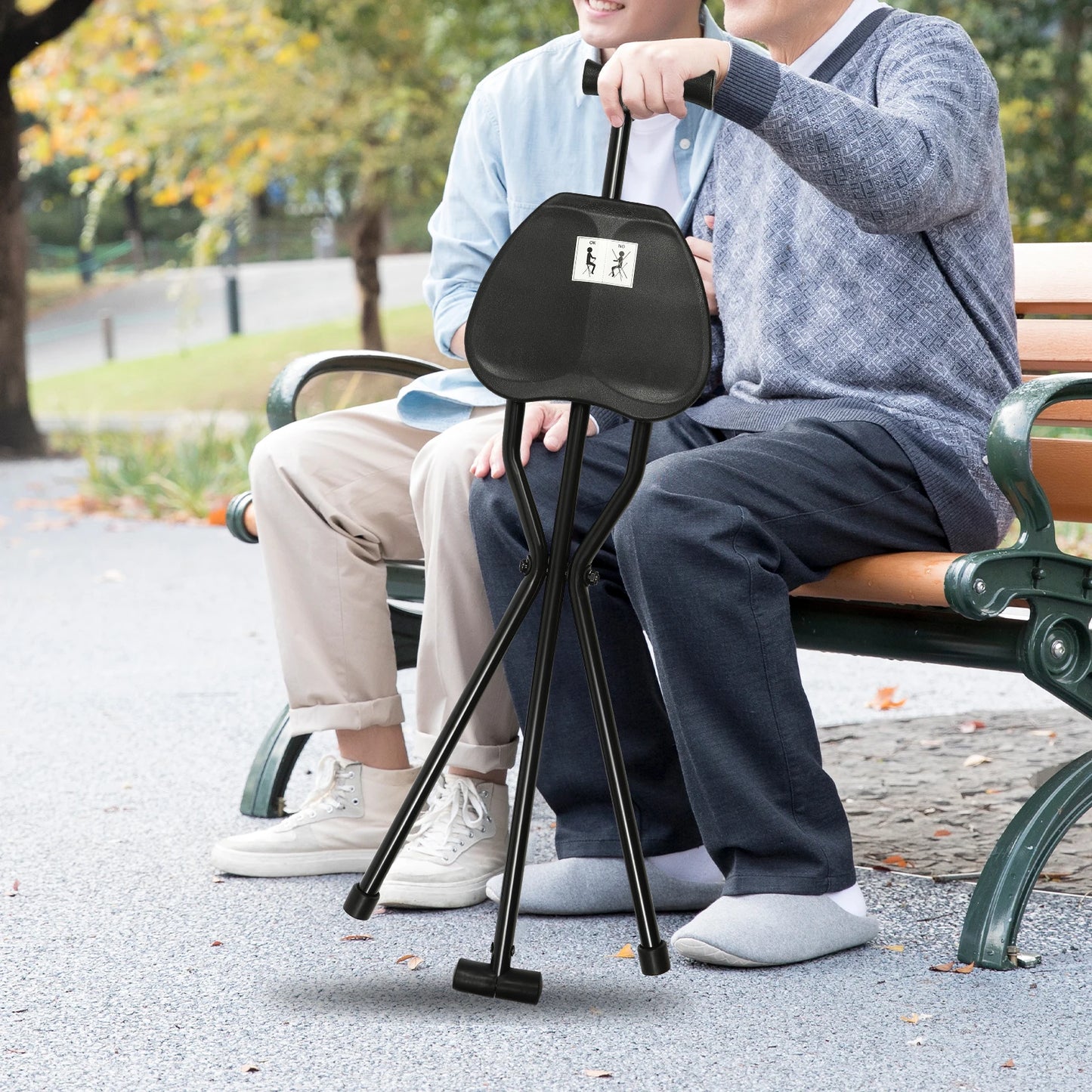 Portable Folding Walking Cane with Tripod Chair Seat Stool Heavy Duty Adjustable Walking Stick with Seat Folding