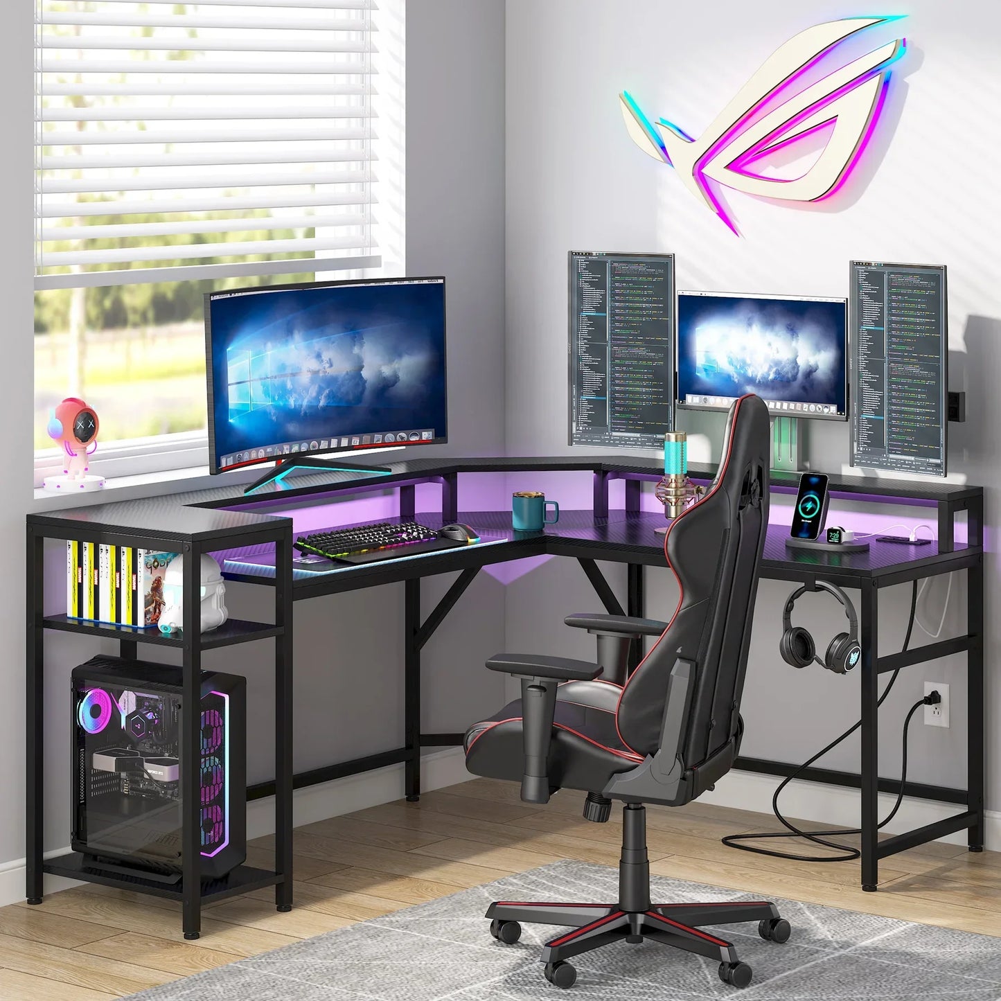 Tribesigns Black Gaming Desk with Power Outlets & LED Strips, L-Shaped Computer Desk with Storage Shelves, Writing Desk