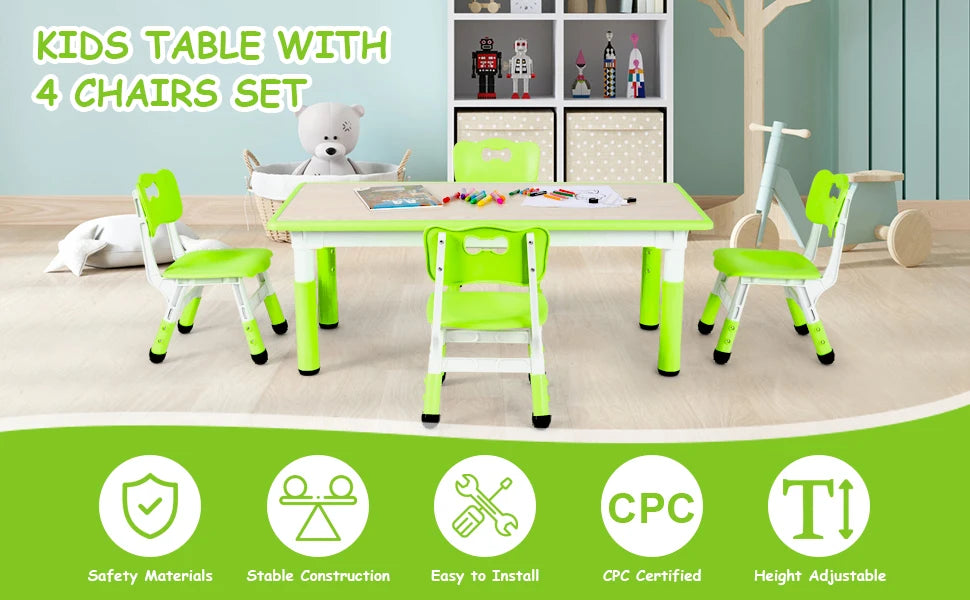 AOOU 47.2‘’ Kid Table and 4 Chairs Set, Height Adjustable Toddler Study Table&Chair Set for Age 2-10, Multi-Activity Art Table