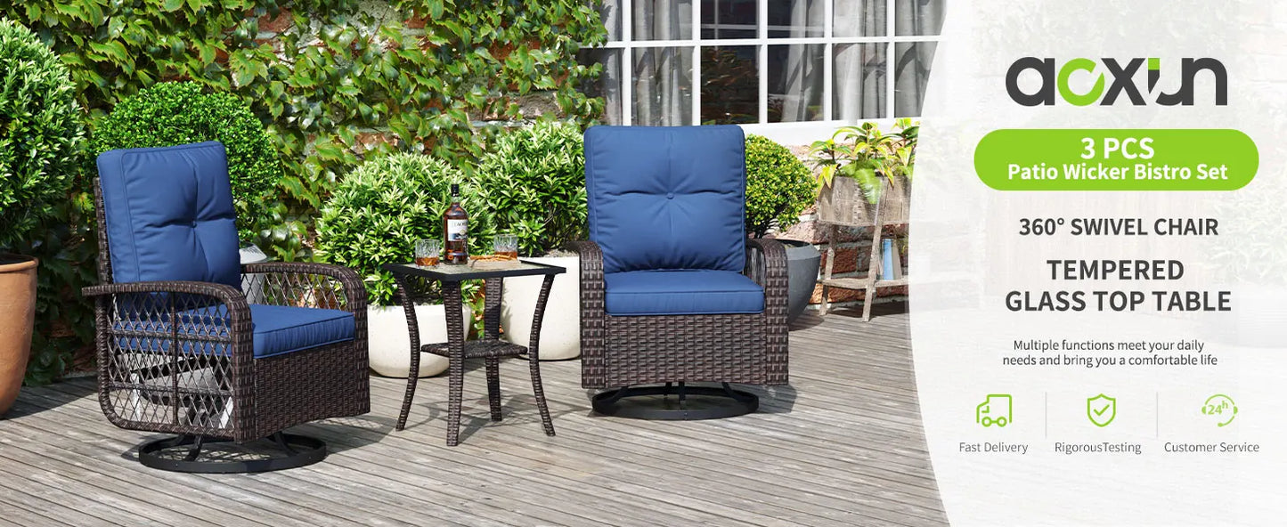 3 Pieces Patio Set Outdoor Wicker Rattan Swivel Rocker Chairs Set of 2 with Small Side Table Patio Bistro Set with Rocking Chair