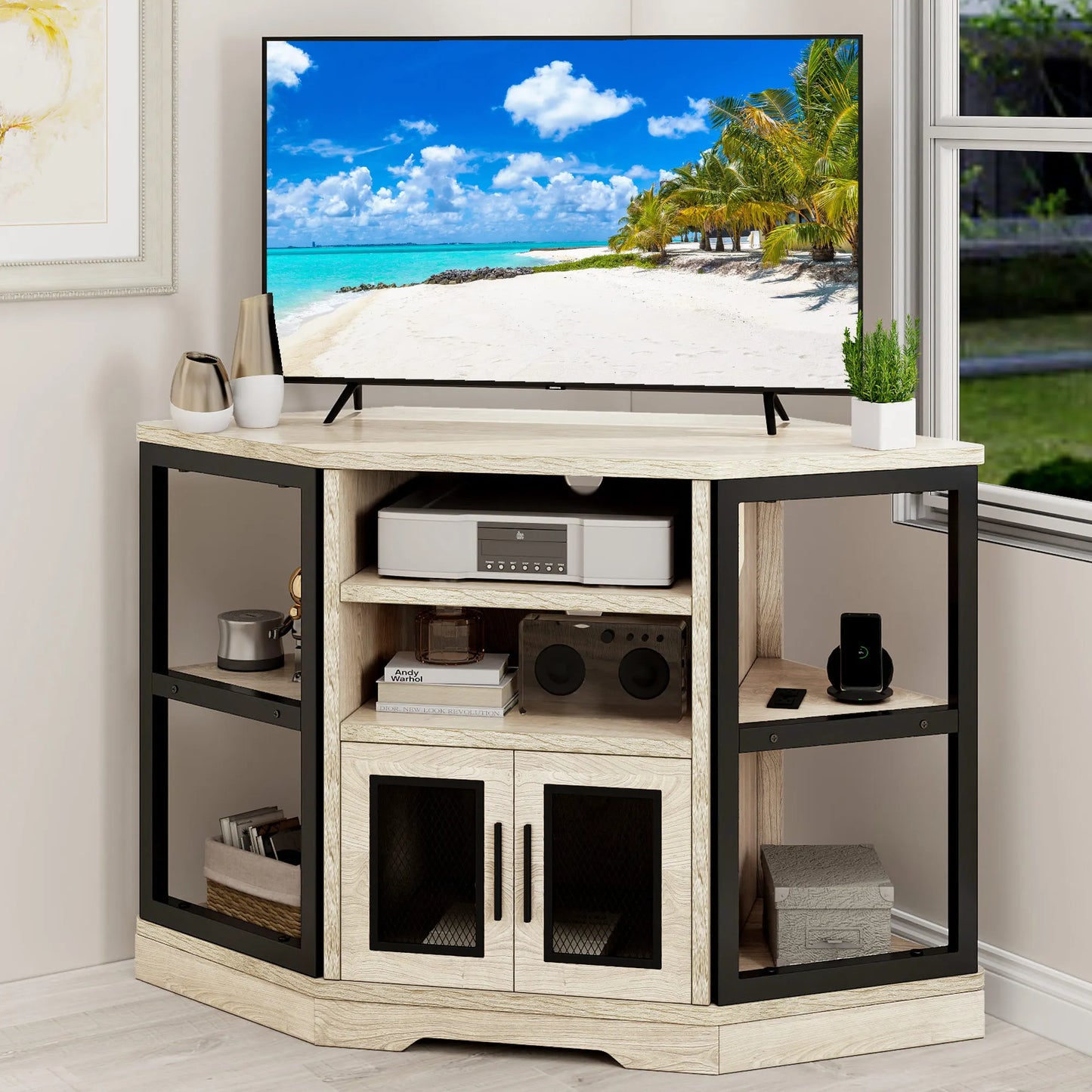 Corner TV Stand with Power Outlets For 55" TV Entertainment Center Media Console