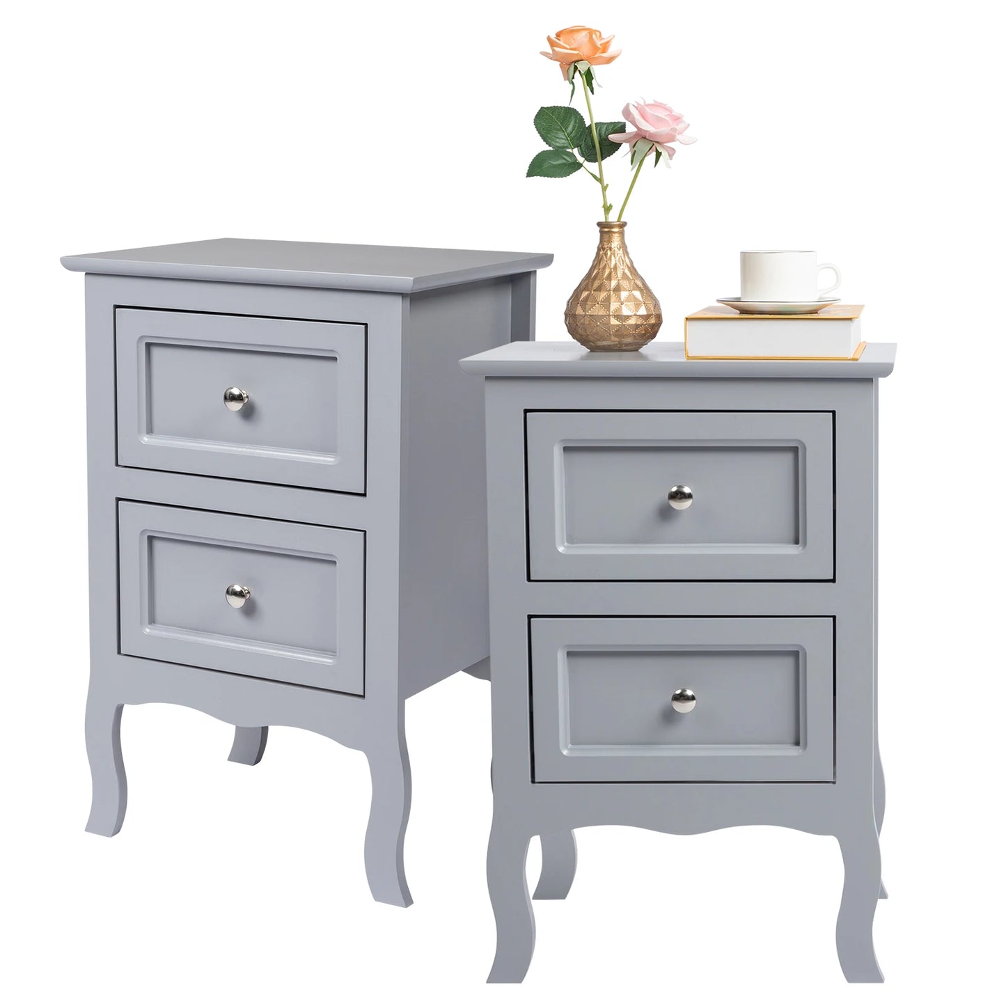 2pcs Country Style Nightstand 2-Tier Night Tables Large Size Bedside Table End Table White/Grey/Brown[US-W]