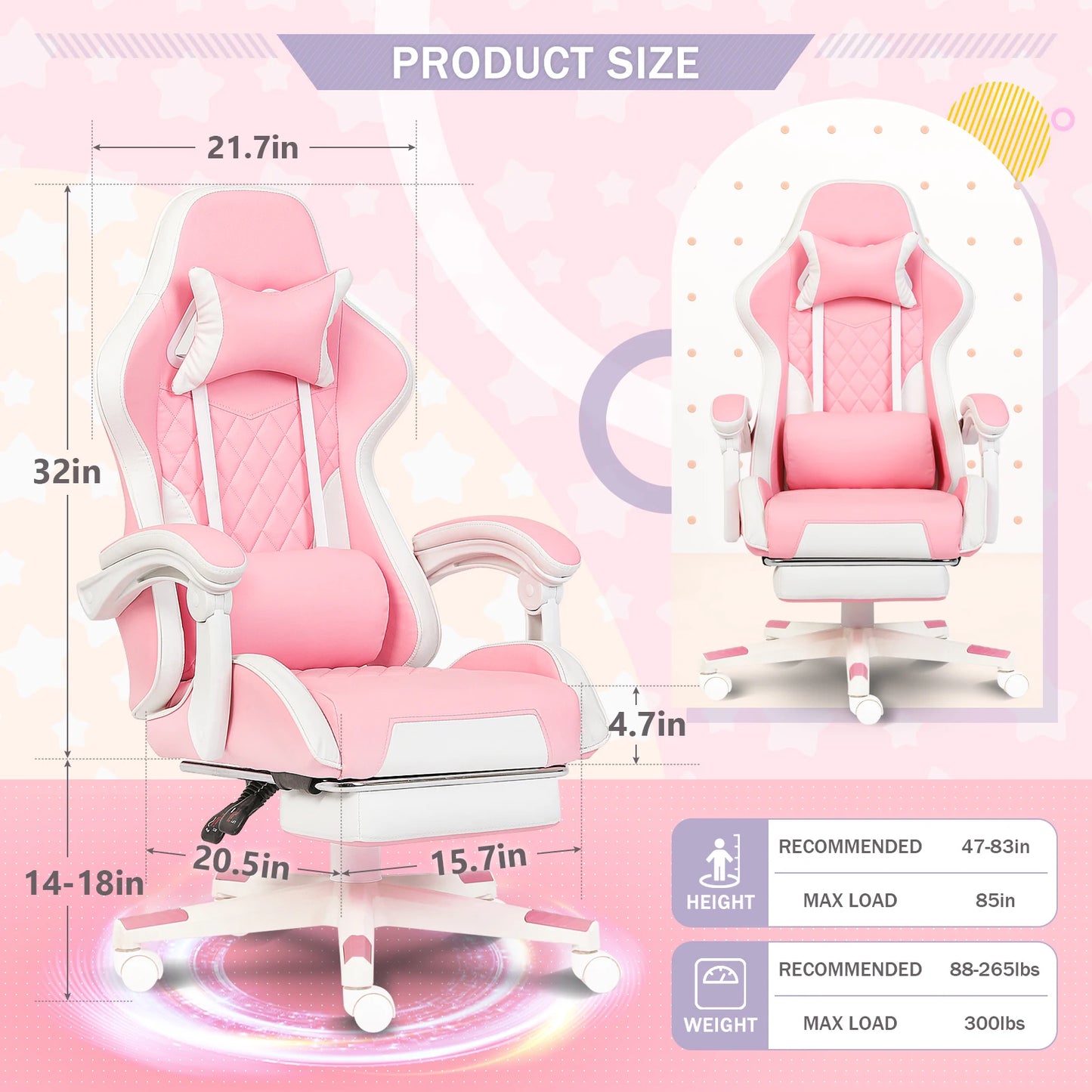 Pink Gaming Chair, Ergonomic Swivel Task Chair with Breathable Fabric, Pocket Spring Cushion, Lumbar Support, Footrest