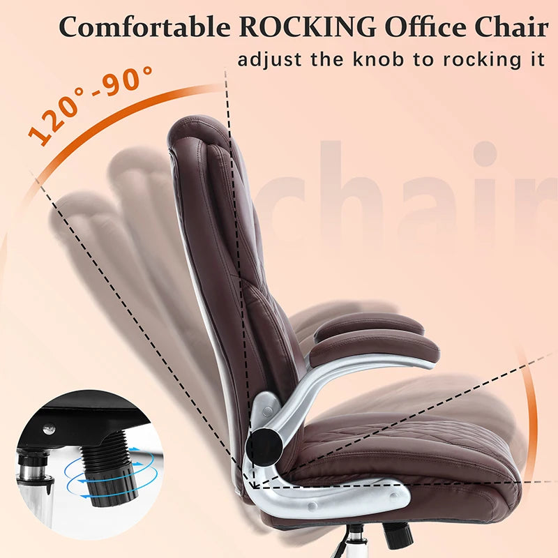 Ergonomic Office Chair With Flip-Up Armrests And Wheels, Leather Rocking Executive Office Chair, Brown On-Site