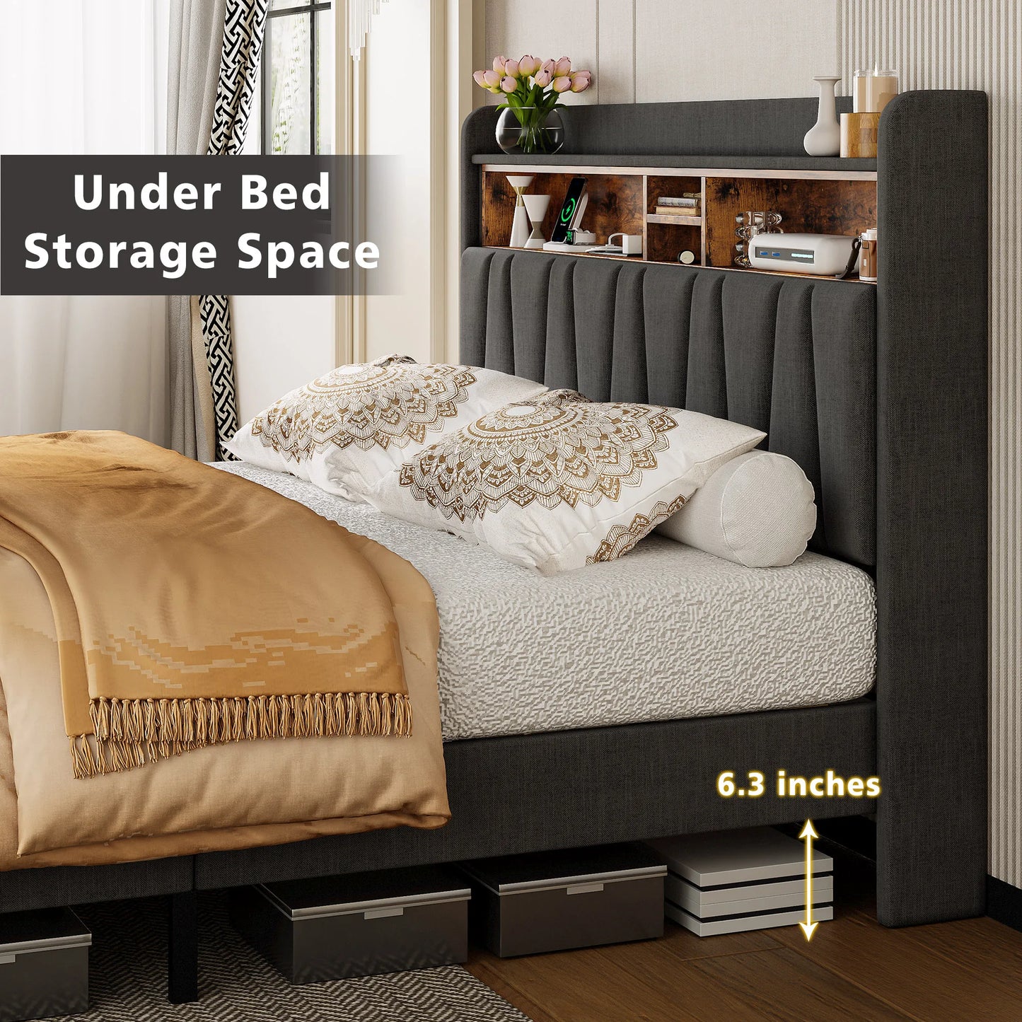 ANCTOR Full Bed Frame with Charging Station, Full Size Bed Frame withb Storage Headboard, Modern Upholstered Platform Bed