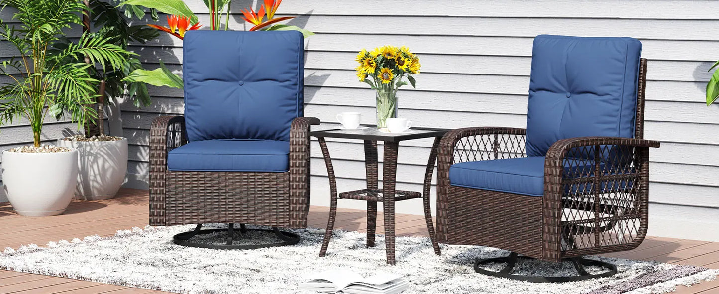 3 Pieces Patio Set Outdoor Wicker Rattan Swivel Rocker Chairs Set of 2 with Small Side Table Patio Bistro Set with Rocking Chair