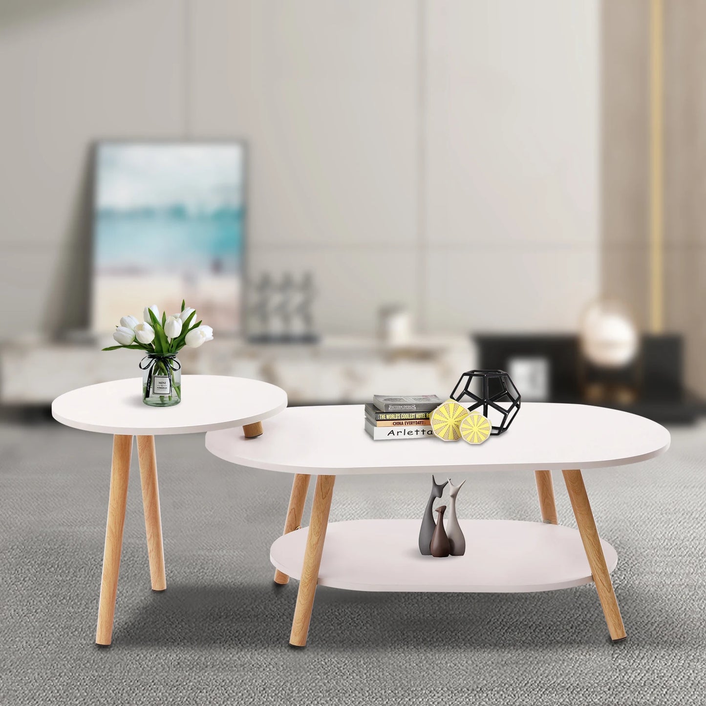 2 Tier Combination Coffee Table MDF Solid White Tea Table with Open Shelving for Storage and Display Modern Living Room