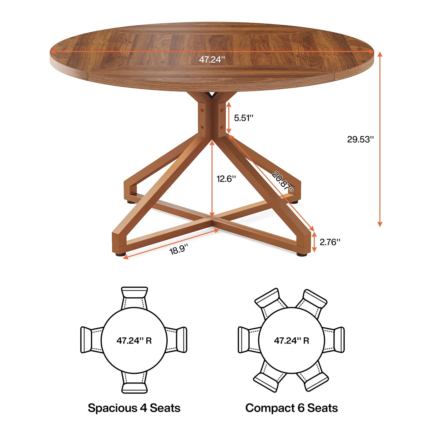 Tribesigns Round Dining Table for 4-6 People, 47-Inch Circle Kitchen Table Dining Room Table with Metal Pedestal Base