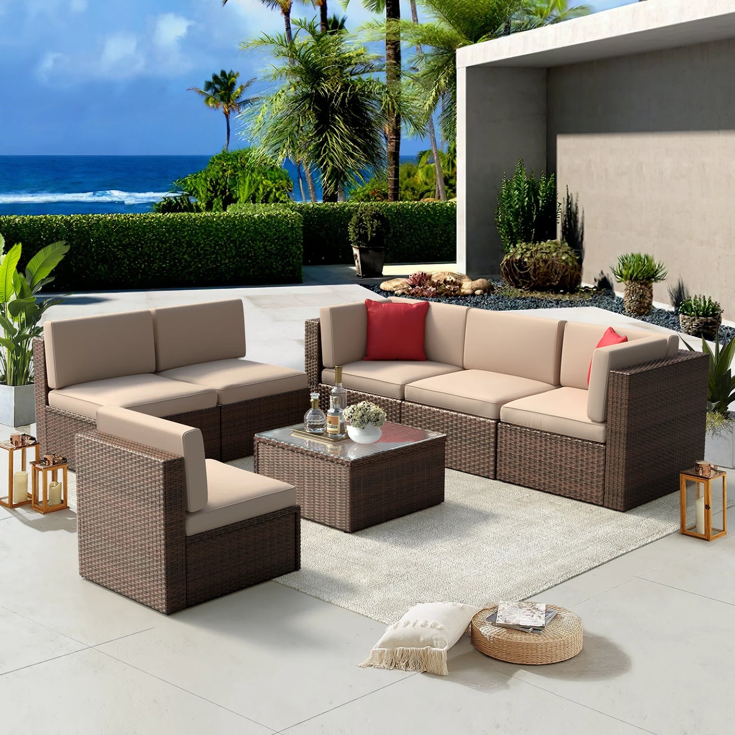 7 Pieces Patio Furniture Set, Outdoor Conversation Set Wicker Rattan Sectional Sofa with Coffee Table, for Garden, Backyard