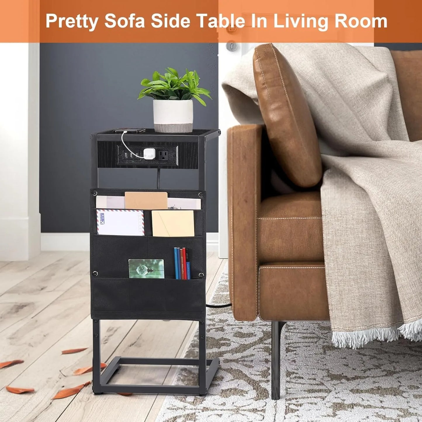 C Shaped End Table Set of 2, Side Tables with Charging Station, Couch Tables That Slide Under with Cloth Bag, Snack Sofa Table,