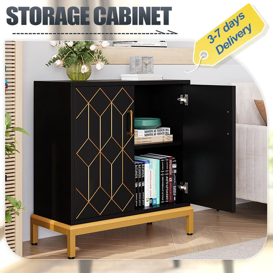 Accent Storage Cabinet with Golden Geometry Lines Modern Sideboard Sturdy Metal Legs Auto-rebound Device