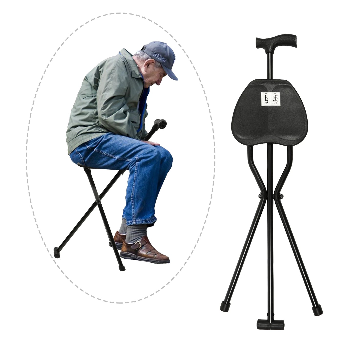 Portable Folding Walking Cane with Tripod Chair Seat Stool Heavy Duty Adjustable Walking Stick with Seat Folding