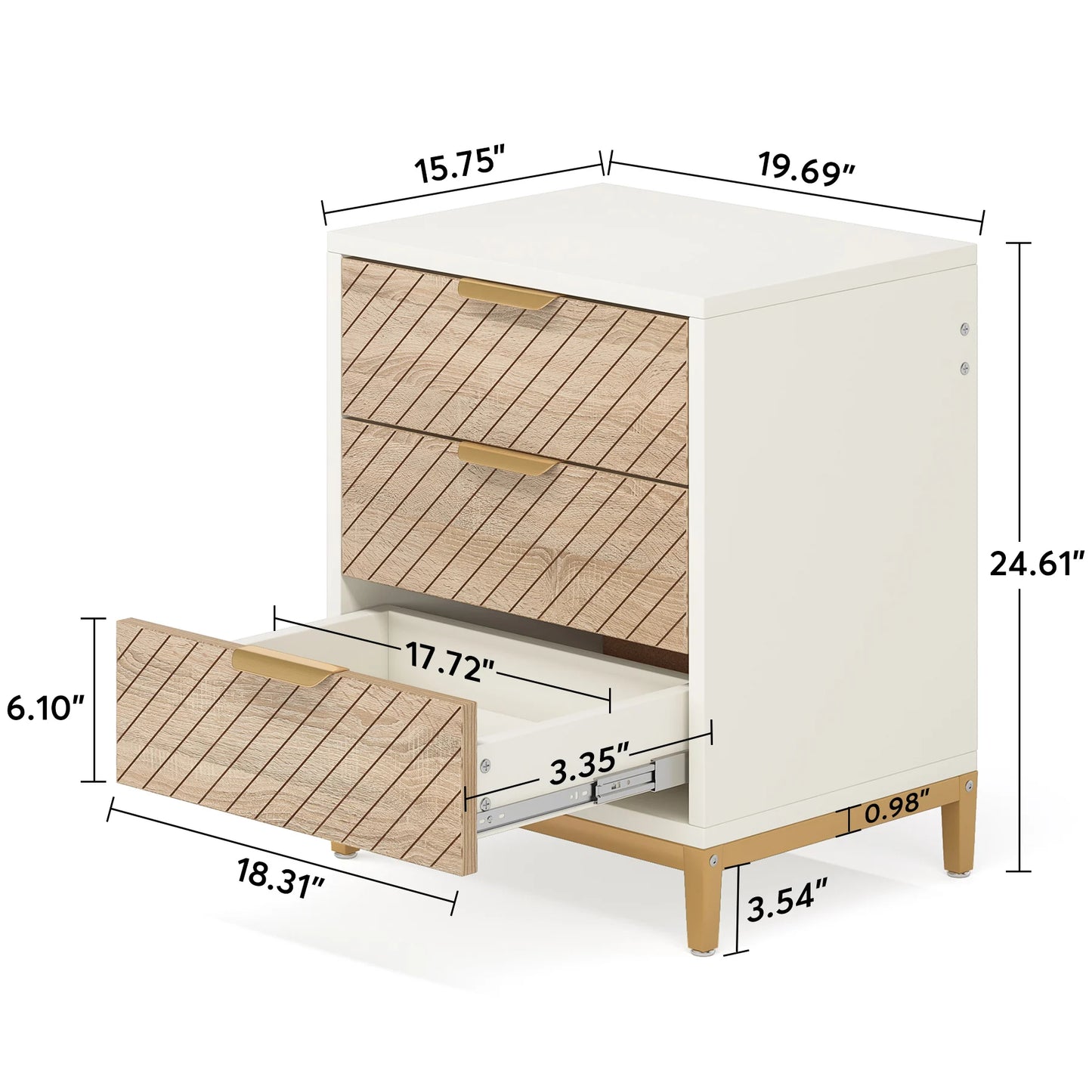 Tribesigns Night Stands for Bedrooms, White and Gold Light Wood Grain Nightstands with 3 Drawers Bedside Tables