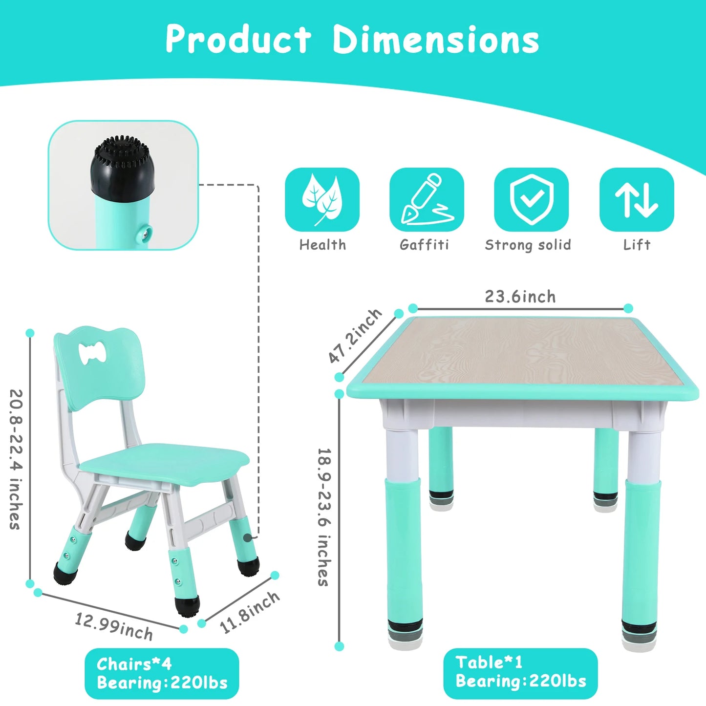 AOOU 47.2‘’ Kid Table and 4 Chairs Set, Height Adjustable Toddler Study Table&Chair Set for Age 2-10, Multi-Activity Art Table