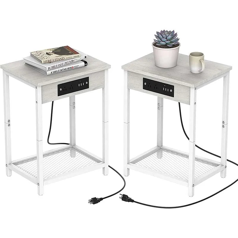 Nightstands Set of 2 with Charging Station, 2 Tier Bedside Table with USB Ports and Outlets, Narrow End Table with Storage Shelf