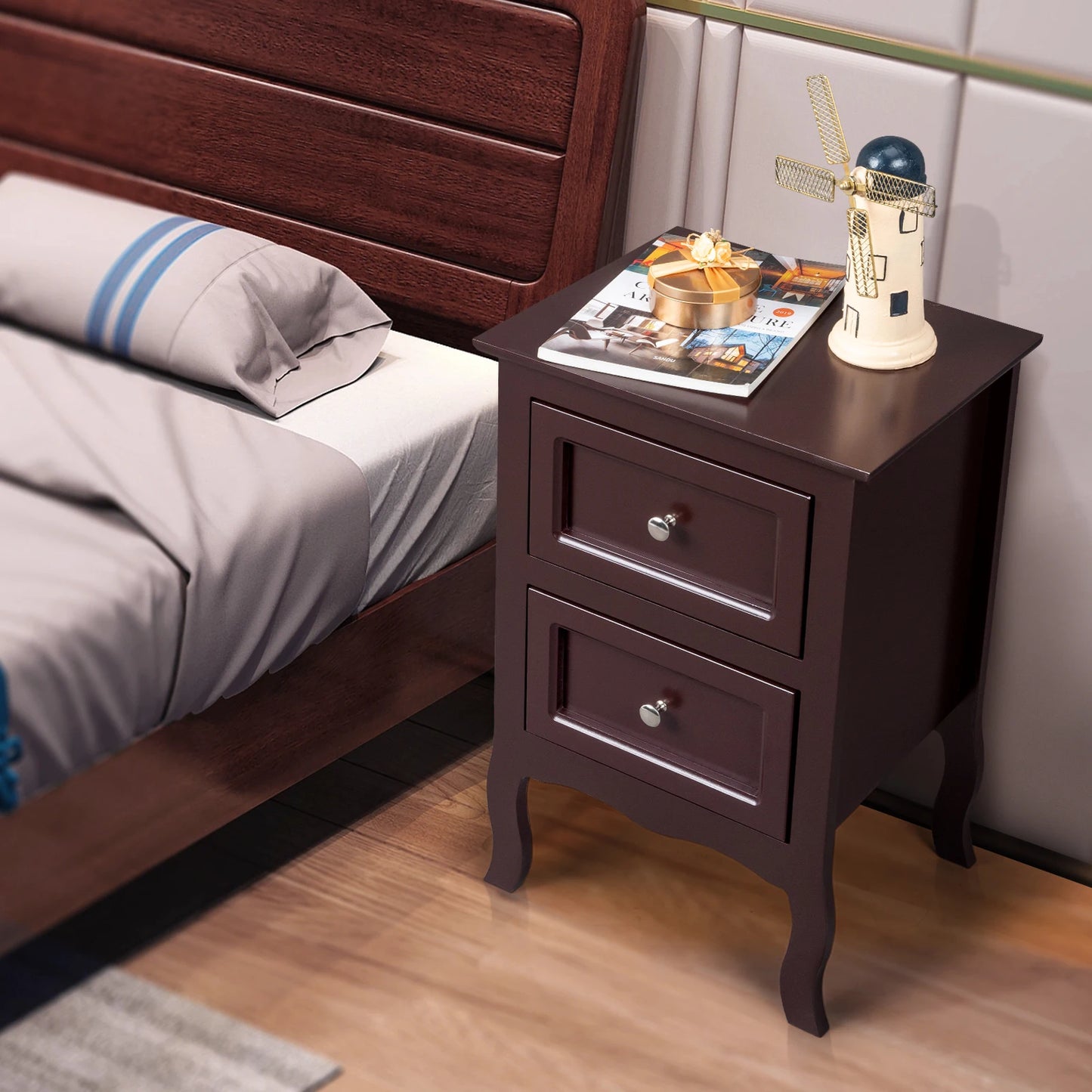 2pcs Country Style Nightstand 2-Tier Night Tables Large Size Bedside Table End Table White/Grey/Brown[US-W]