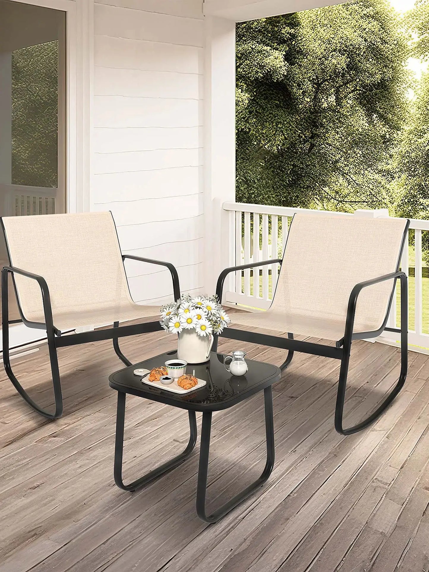 3pcs Outdoor Patio Chair Table Bistro Textilene Rocking Chair Furniture Backyard