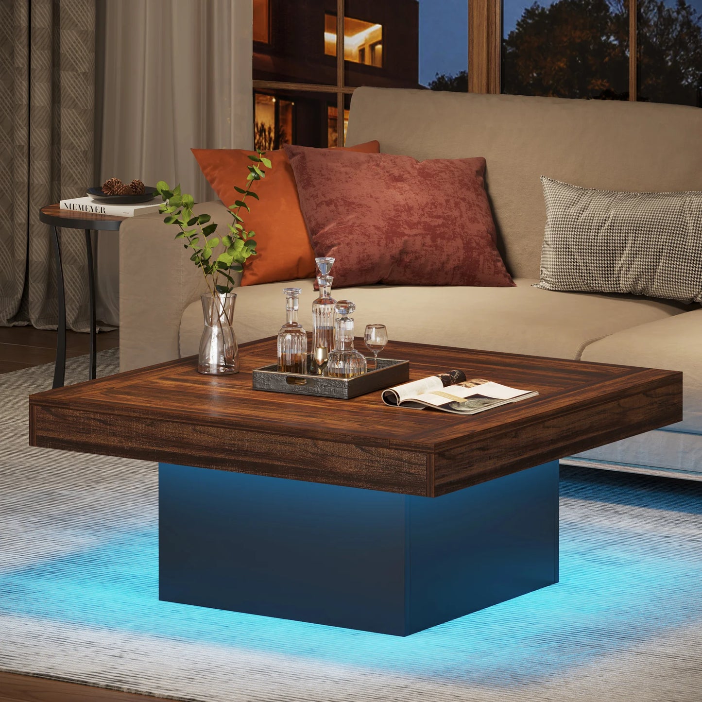 Tribesigns Coffee Table Square LED Coffee Table Engineered Wood Low Coffee Table for Living Room Rustic Brown & Black