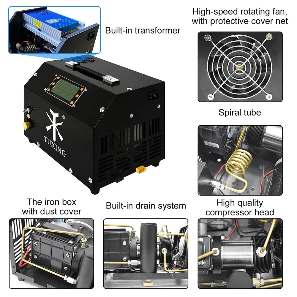 TUXING TXET063 4500Psi 300Bar 12V PCP Air Compressor LCD Display Digital Control Auto-Stop with 12V Transformer PCP Scuba Tank