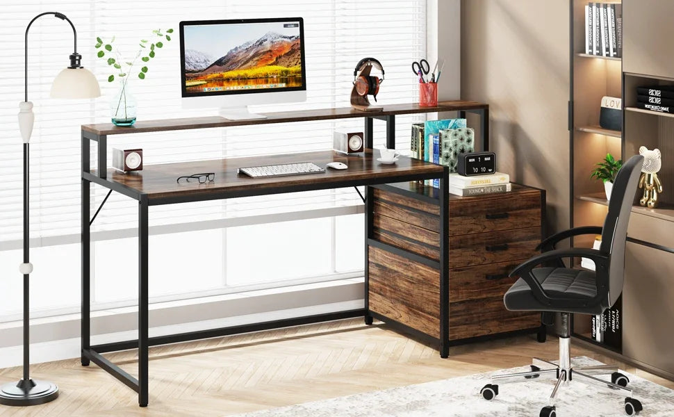 Tribesigns 63 Inch Computer Desk with File Drawer Cabinet, Ergonomic Office Desk with Monitor Stand, Industrial Computer Table