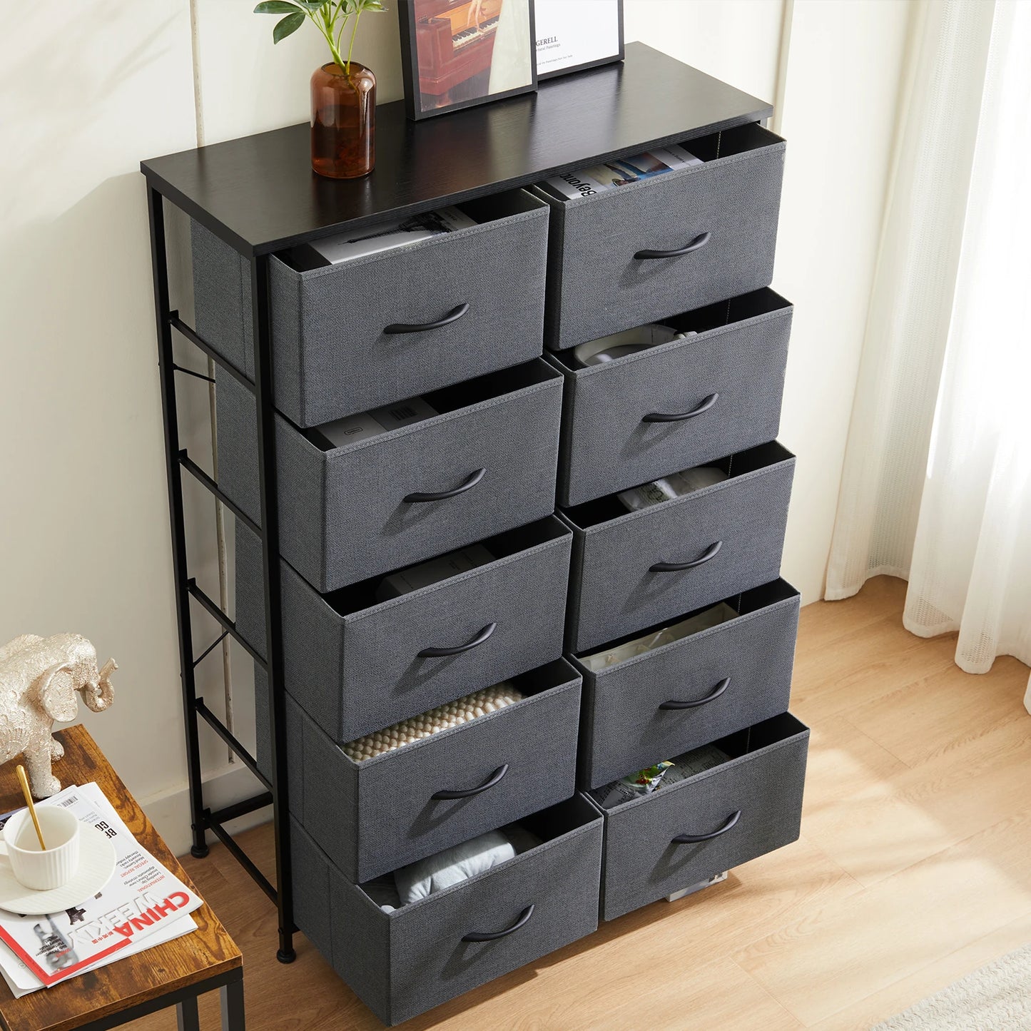 JHK Bedside Table For Bedroom With 10 Fabric Drawers Storage Cabinet Steel Frame Closet For Clothes Storage Display Cabinet