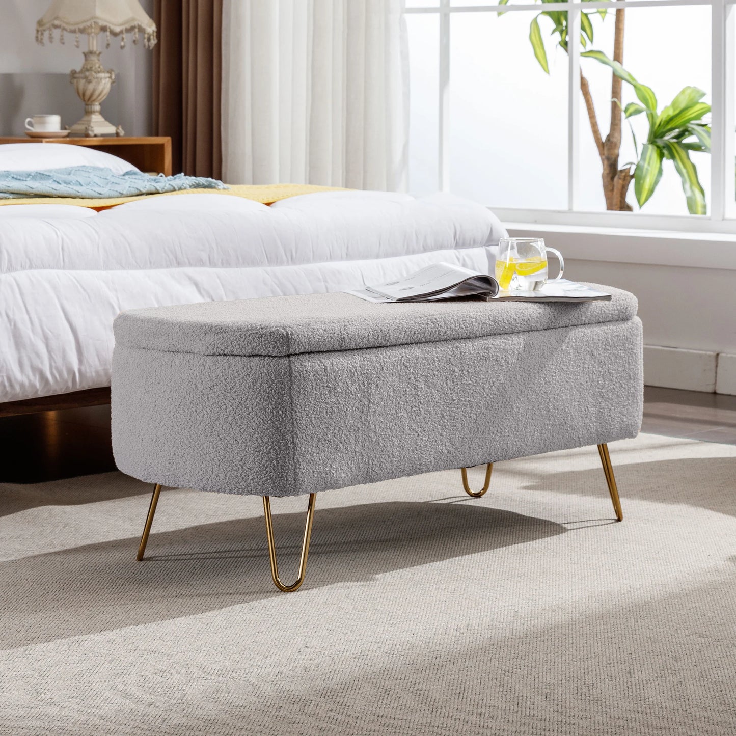 Storage Ottoman Bench for End of Bed Gold Legs Modern Faux Fur Entryway Bench Upholstered Padded for Living Room Bedroom 5Colors