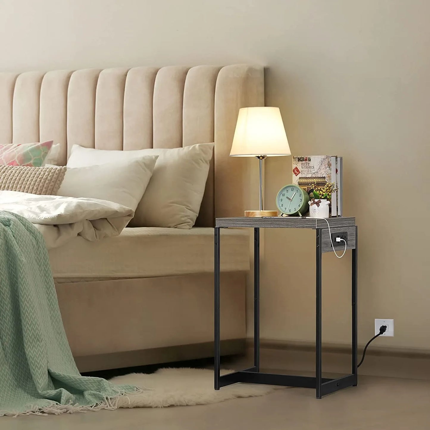 Nightstands Set of 2 with Charging Station, 2 Tier Bedside Table with USB Ports and Outlets, Narrow End Table with Storage Shelf