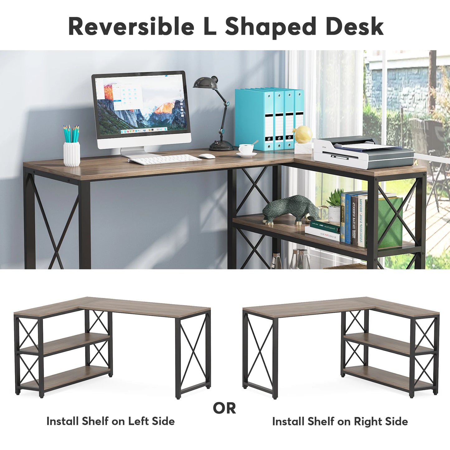 Tribesigns Reversible Industrial L-Shaped Desk with Storage Shelves, Corner Computer Desk PC Laptop Study Table Workstation