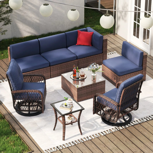 8-Piece Outdoor Patio Furniture Set -Sectional Wicker Rattan Conversation Set with Swivelling Chairswith Small physiques- Blue