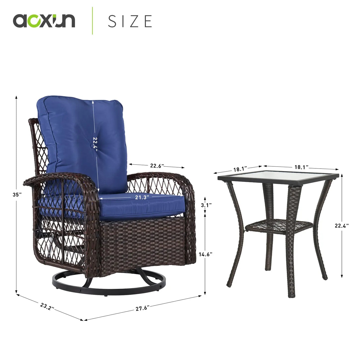 3 Pieces Patio Set Outdoor Wicker Rattan Swivel Rocker Chairs Set of 2 with Small Side Table Patio Bistro Set with Rocking Chair