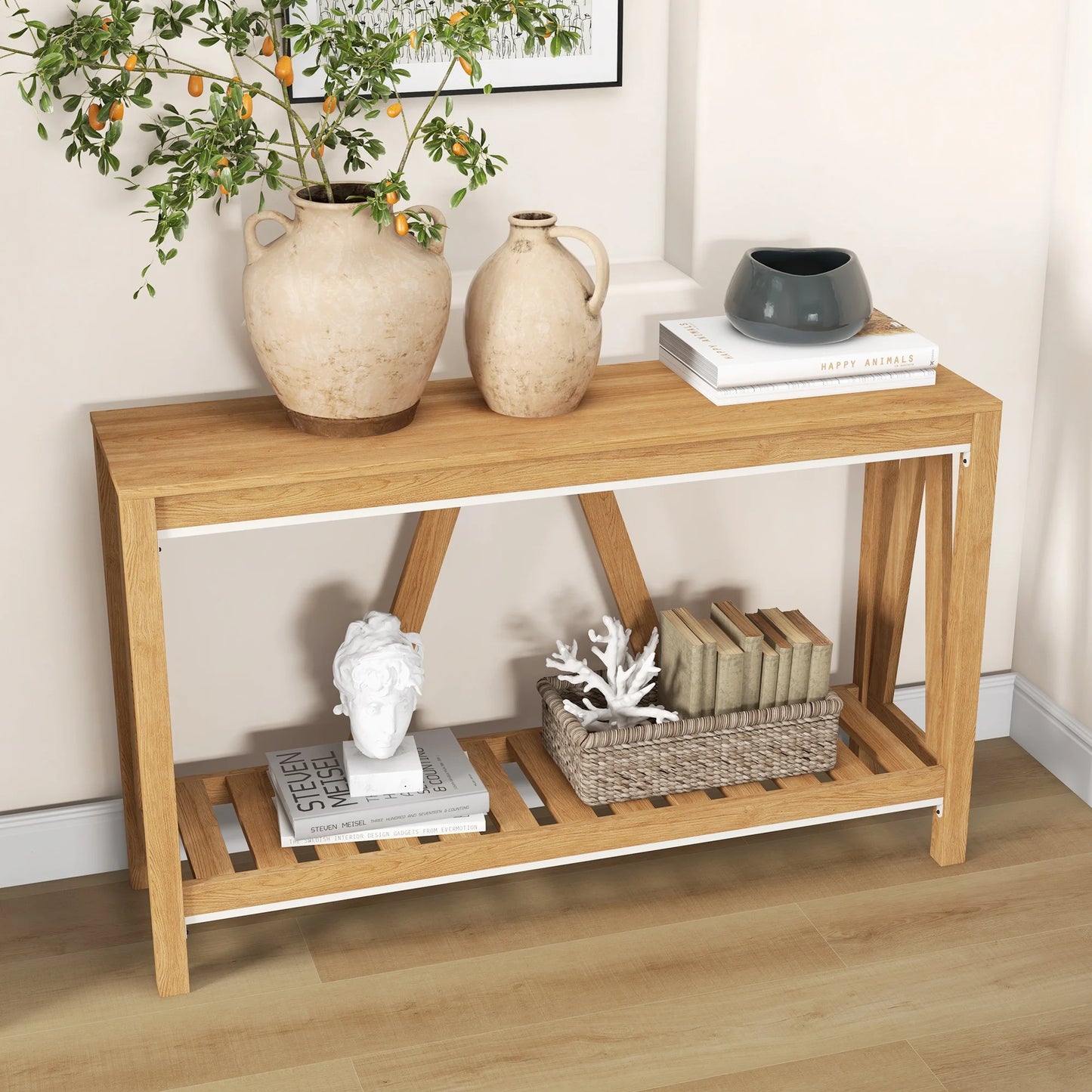 HOMCOM Farmhouse Console Table with Storage Shelf Anti-tipper for Entryway