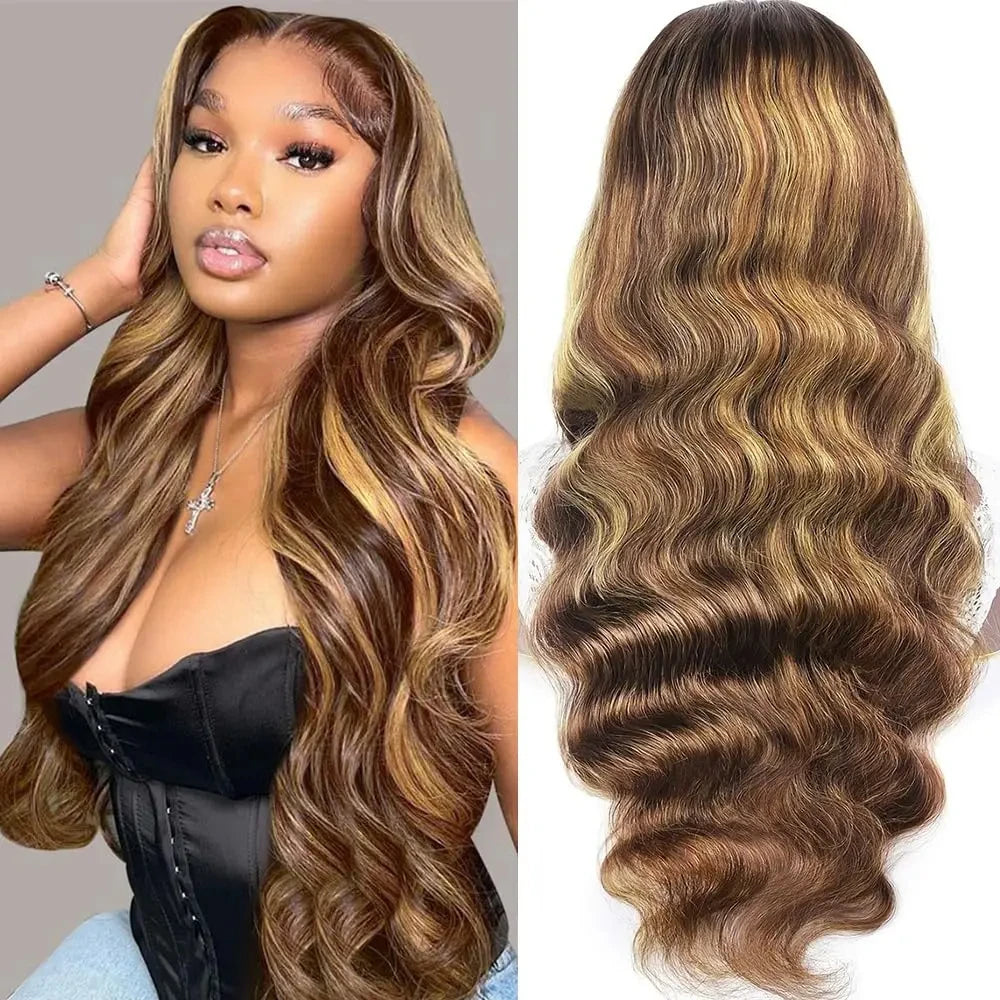 Highlight Body Wave Wig Human Hair 13x4 HD Lace Front Human Hair Wigs For Women Honey Blonde  Transparent Lace Frontal Wig