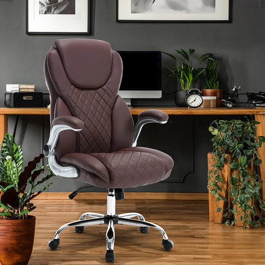 Ergonomic Office Chair With Flip-Up Armrests And Wheels, Leather Rocking Executive Office Chair, Brown On-Site