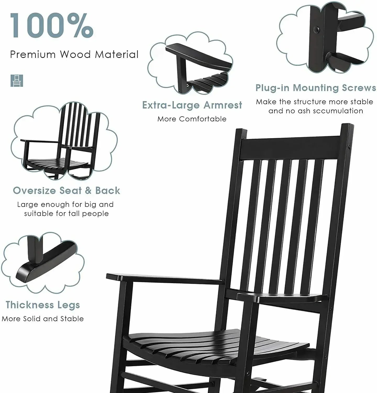 Homfa Wooden Rocking Chair Large Porch Rocker Furniture for Bedroom Living Room,Garden Chairs,Balcony Chairs Patio Adults Black