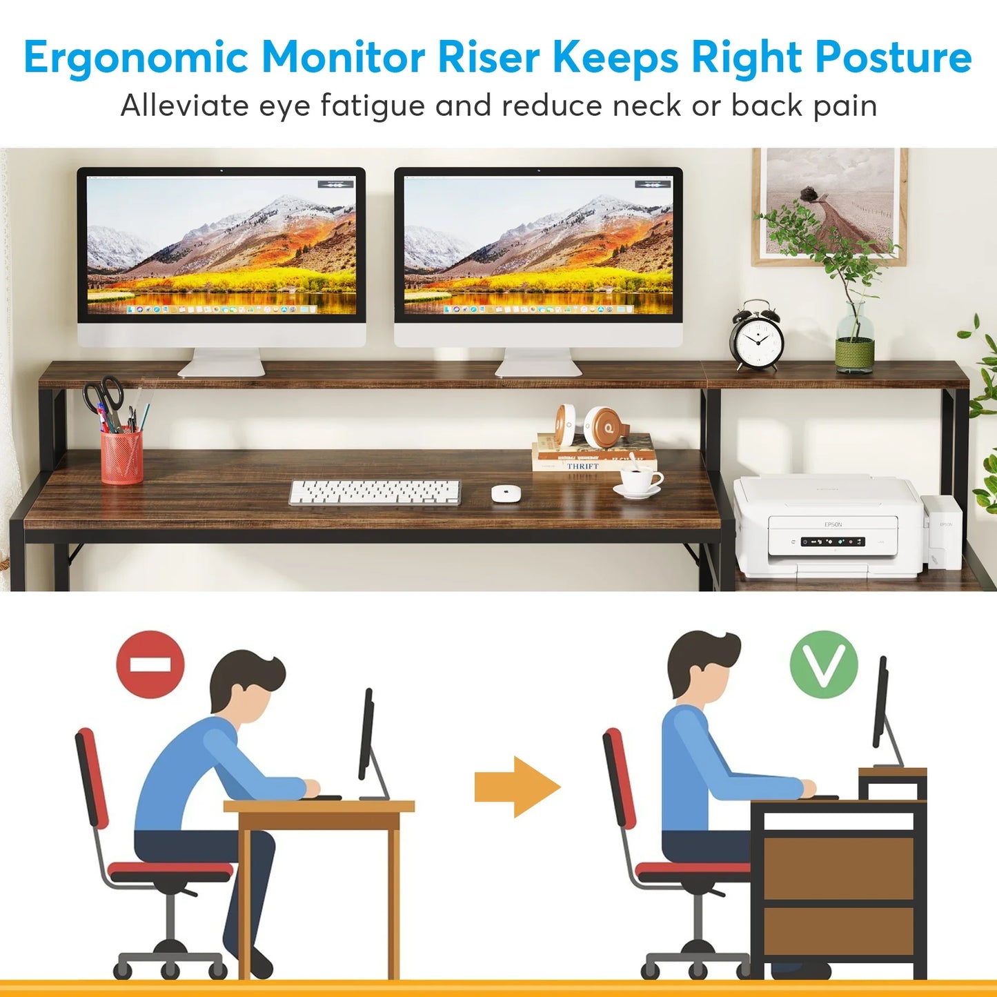 Tribesigns 63 Inch Computer Desk with File Drawer Cabinet, Ergonomic Office Desk with Monitor Stand, Industrial Computer Table