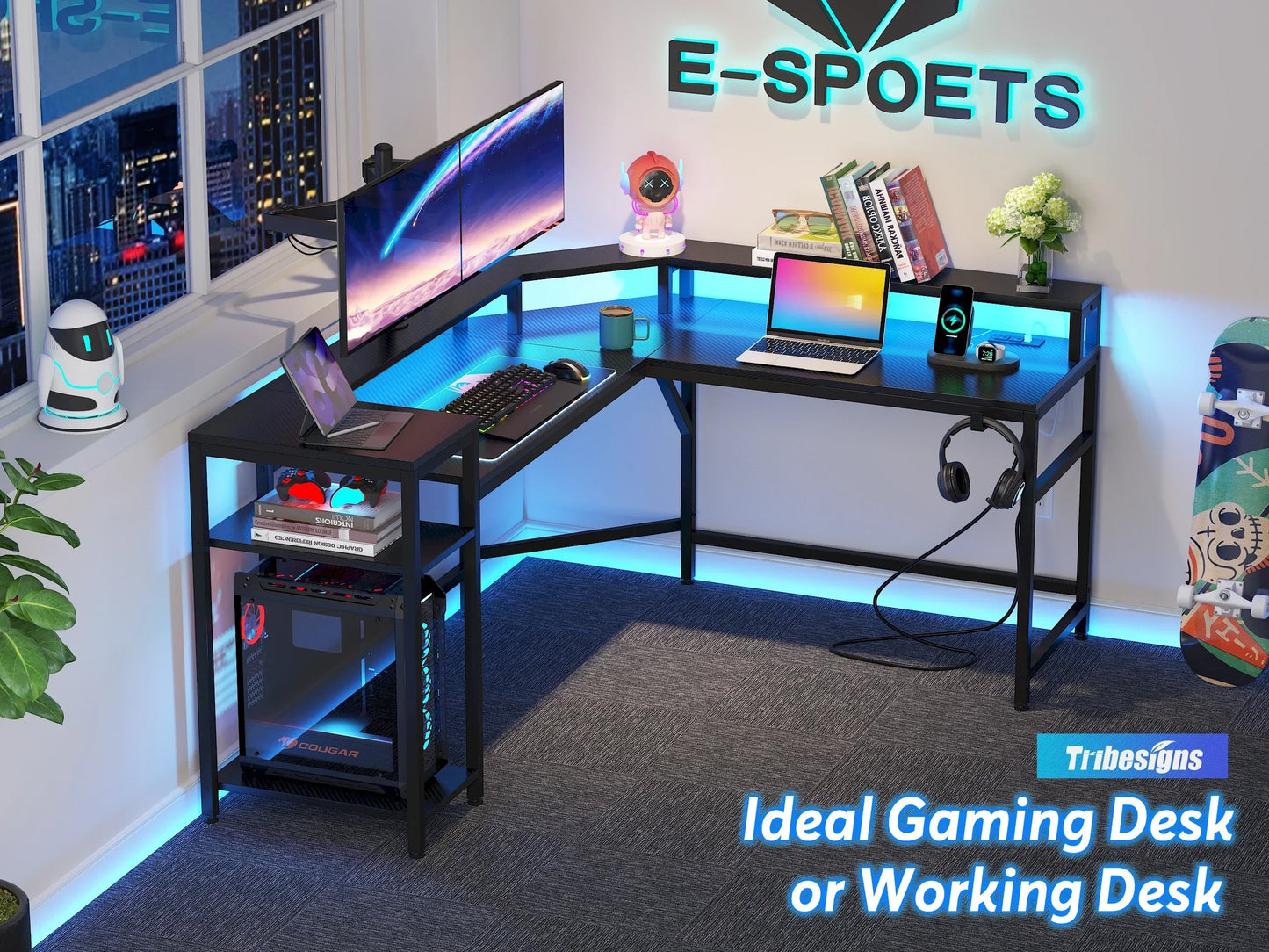 Tribesigns Black Gaming Desk with Power Outlets & LED Strips, L-Shaped Computer Desk with Storage Shelves, Writing Desk