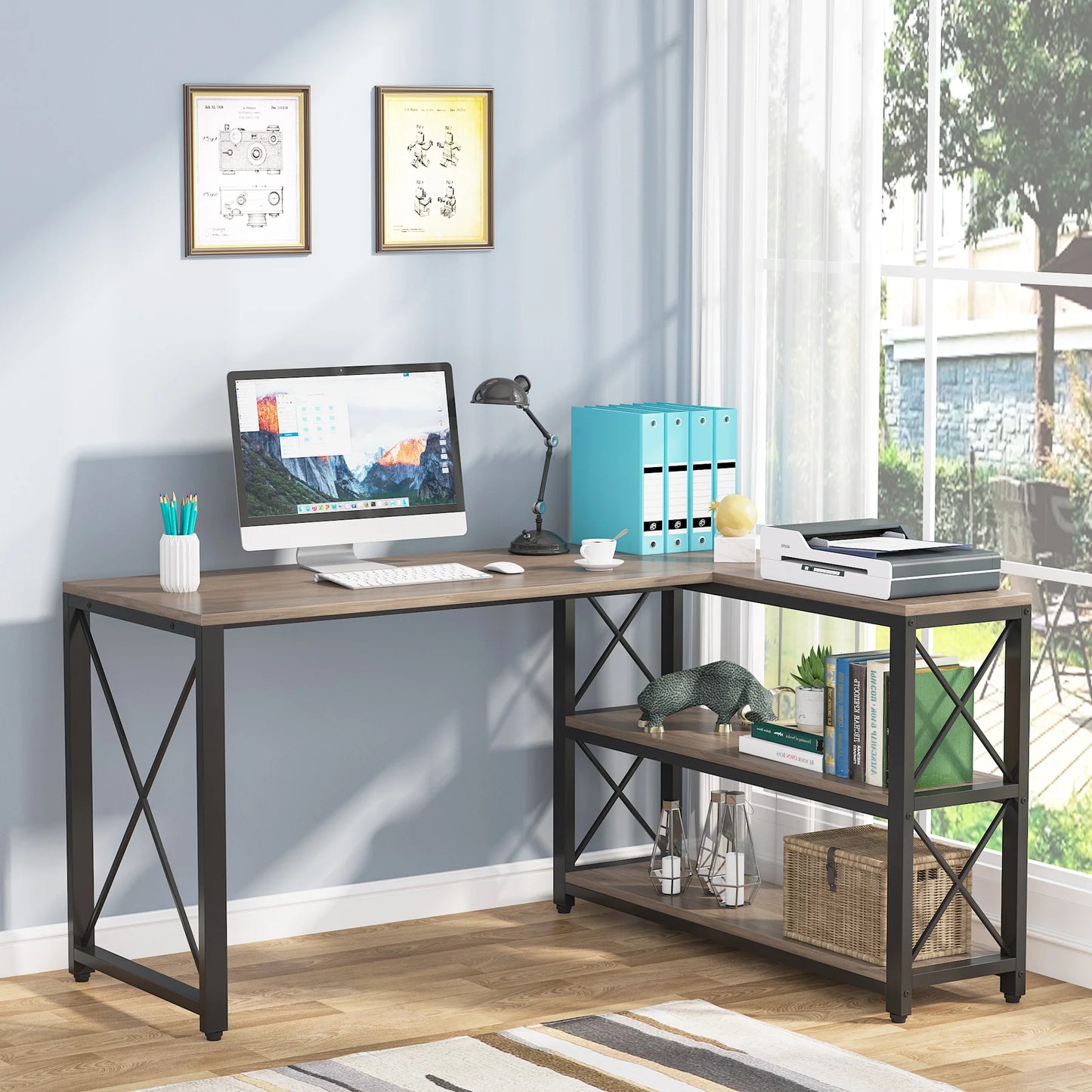 Tribesigns Reversible Industrial L-Shaped Desk with Storage Shelves, Corner Computer Desk PC Laptop Study Table Workstation