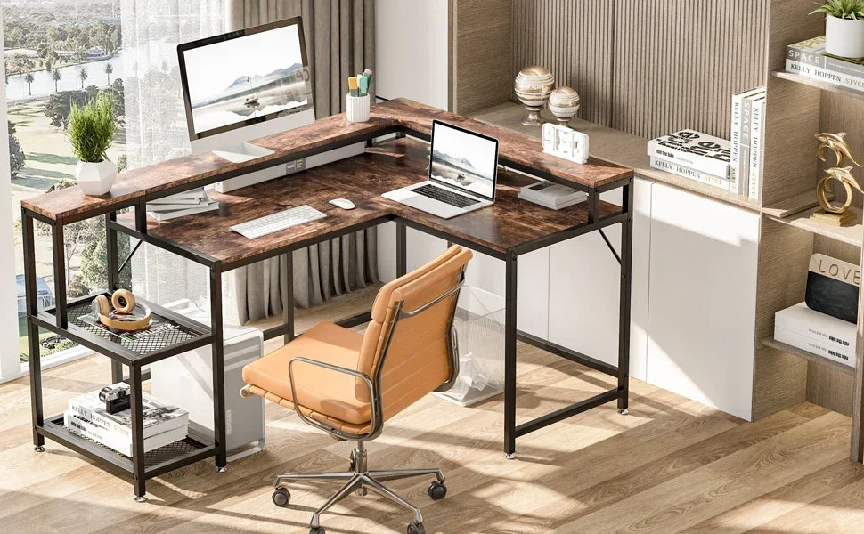 Tribesigns 69 Inch L Shaped Desk with Monitor Stand Large Reversible Corner Desk with Storage Shelf Industrial Computer Table