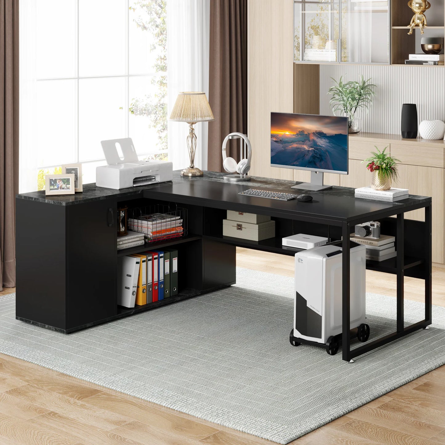 Tribesigns 71 inch Executive Desk, L Shaped Desk with Cabinet Storage, Executive Office Desk with Shelves