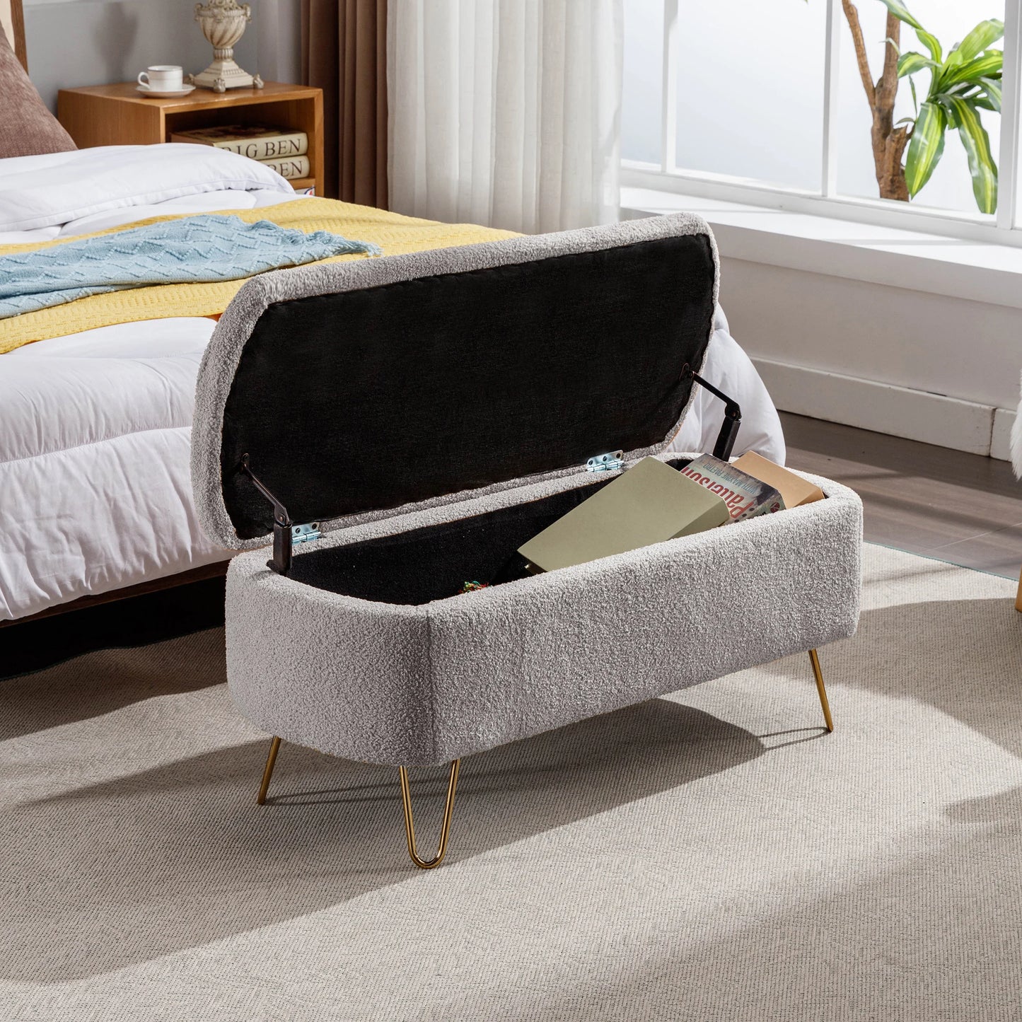 Storage Ottoman Bench for End of Bed Gold Legs Modern Faux Fur Entryway Bench Upholstered Padded for Living Room Bedroom 5Colors