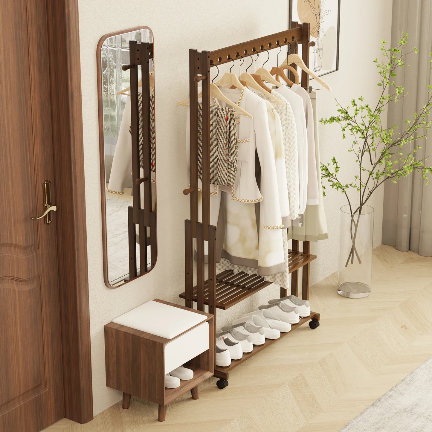 Vintage Heavy Duty Wooden Clothes Stand Freestanding Rack Shelf Home Bedroom Hallway Entryway Bamboo Hanging Rail Shoe Storage