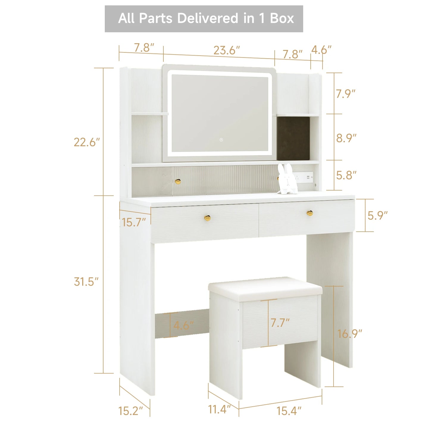 Vanity Desk with Mirror and Lights Dressers 2 Drawers Storage Bench White Makeup Table 3 Light Modes for Bedroom Dressing Room