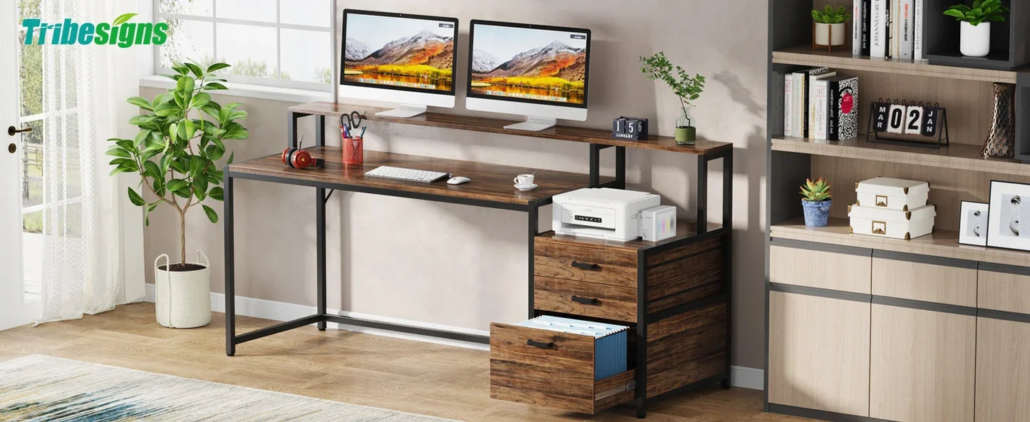 Tribesigns 63 Inch Computer Desk with File Drawer Cabinet, Ergonomic Office Desk with Monitor Stand, Industrial Computer Table