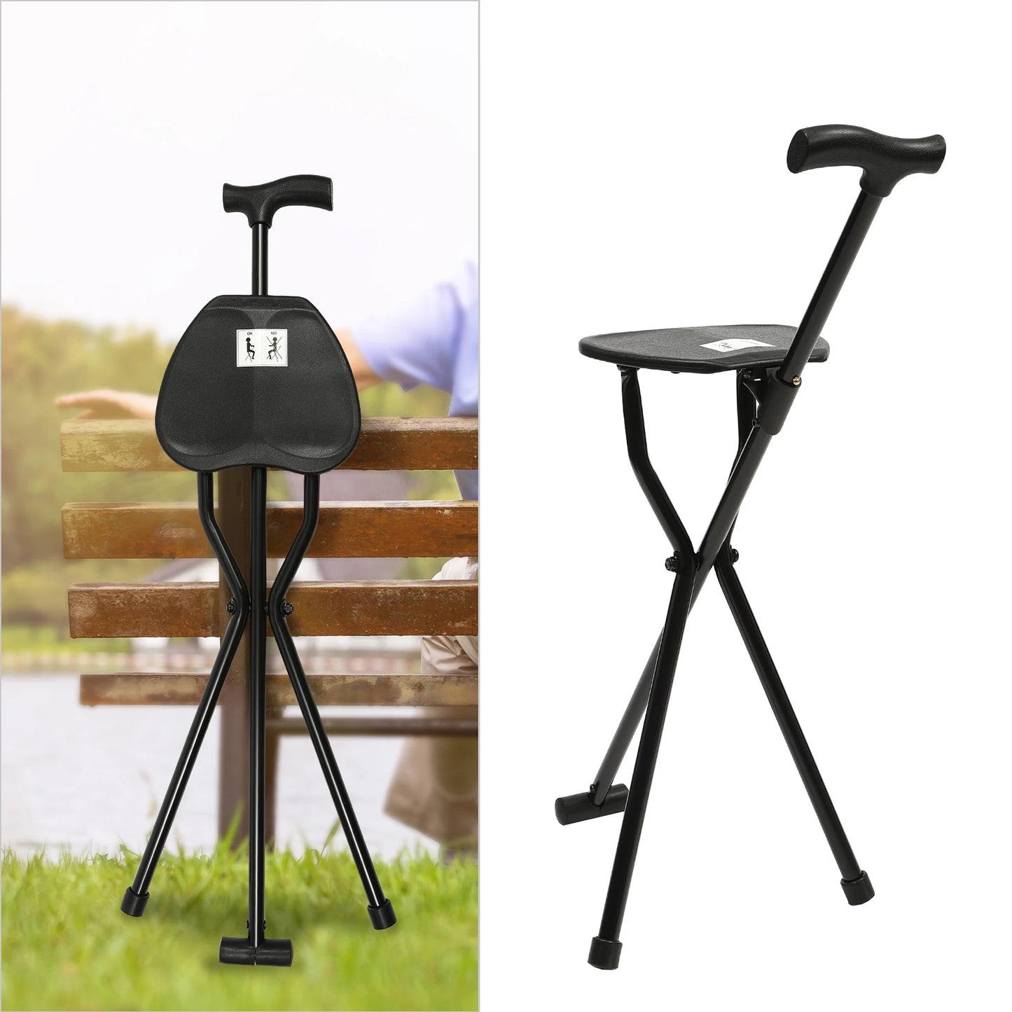 Portable Folding Walking Cane with Tripod Chair Seat Stool Heavy Duty Adjustable Walking Stick with Seat Folding