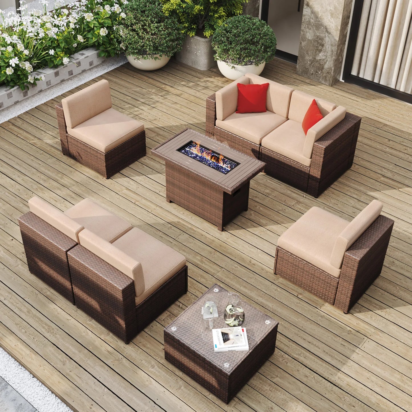 Aoxun 8 Pieces Patio Furniture Set with 40" Fire Pit Table Outdoor Wicker Rattan Sectional Sofa with Coffee Conversation Set