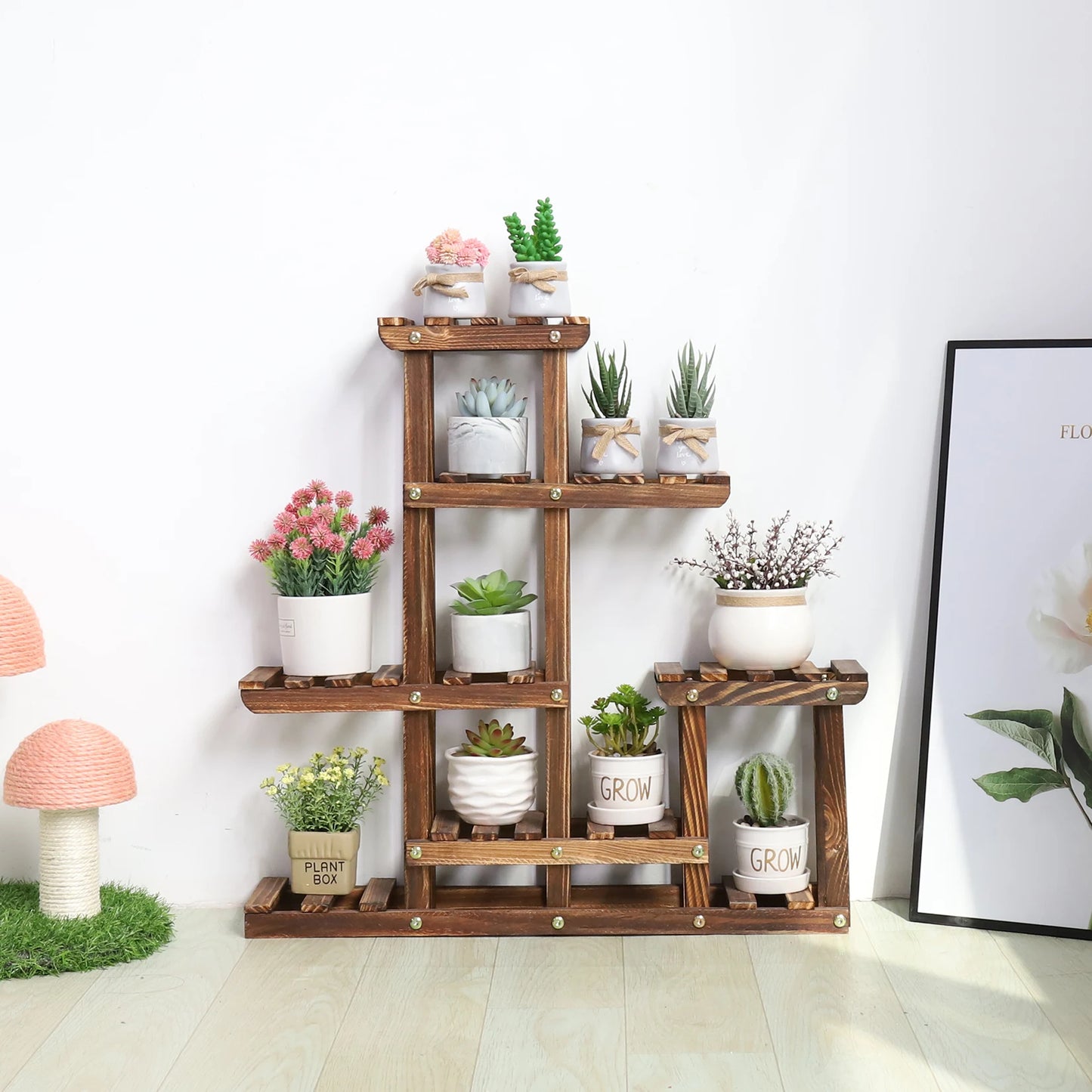 Multi-tiered Plant Stand 6 Tiers Pine wood Succulent Pots Planter Display Rack Balcony Potted Flower Rack Shelf Indoor Outdoor